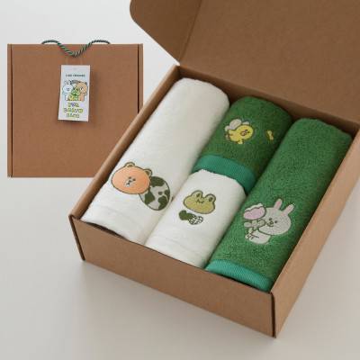 (박스포함) 4P 170g 캐릭터수건 라인 그린뱀부 수건 자수 세면 핸드 고급 타올 호텔수건 L12